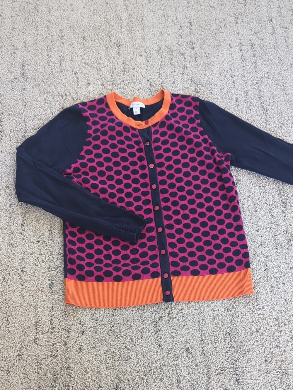 Charter Club Pink and Navy Polka Dot Cardigan with Orange Trim